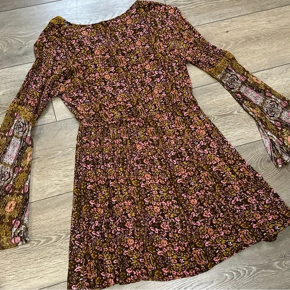 Rebellion Floral Bell Sleeve Prairie Mini Dress in Fall Colors - Picture 11 of 12